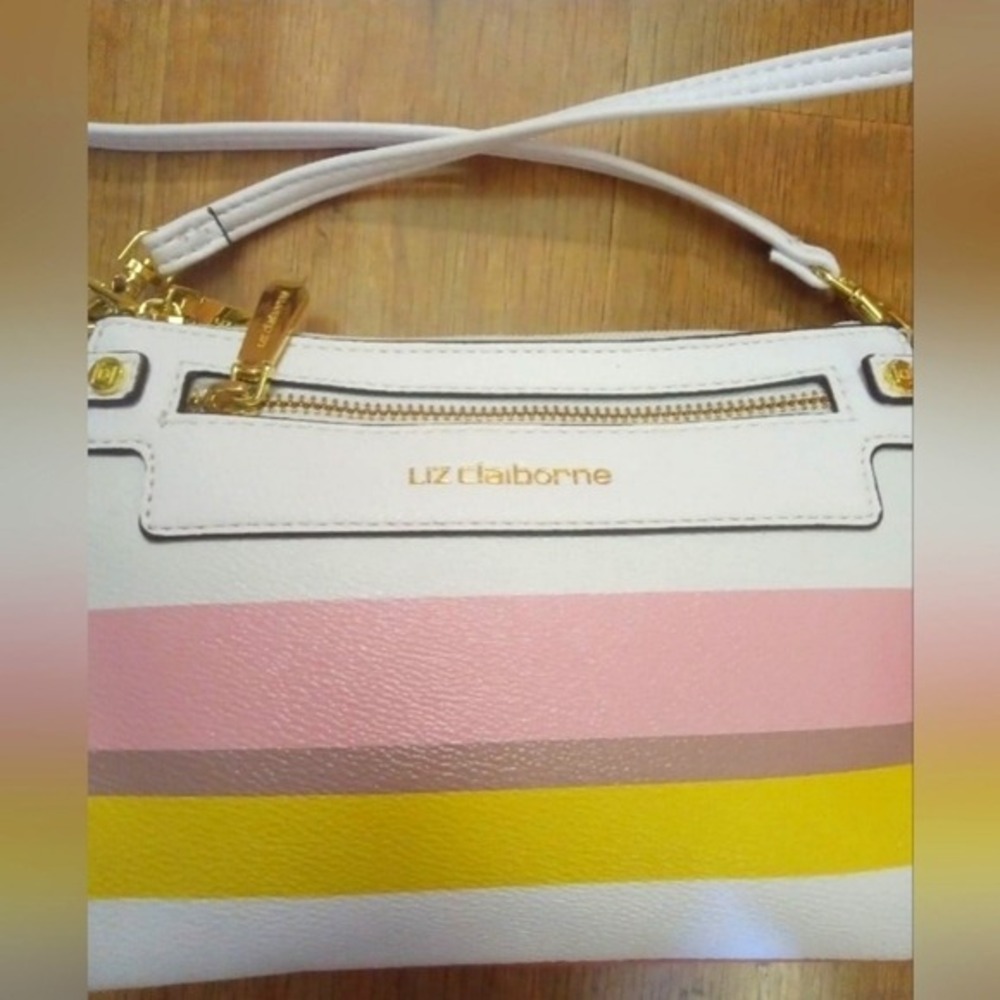 Liz Claiborne Striped Crossbody Bag White Pink Yellow Gold Hardware Small Purse - Picture 6 of 7